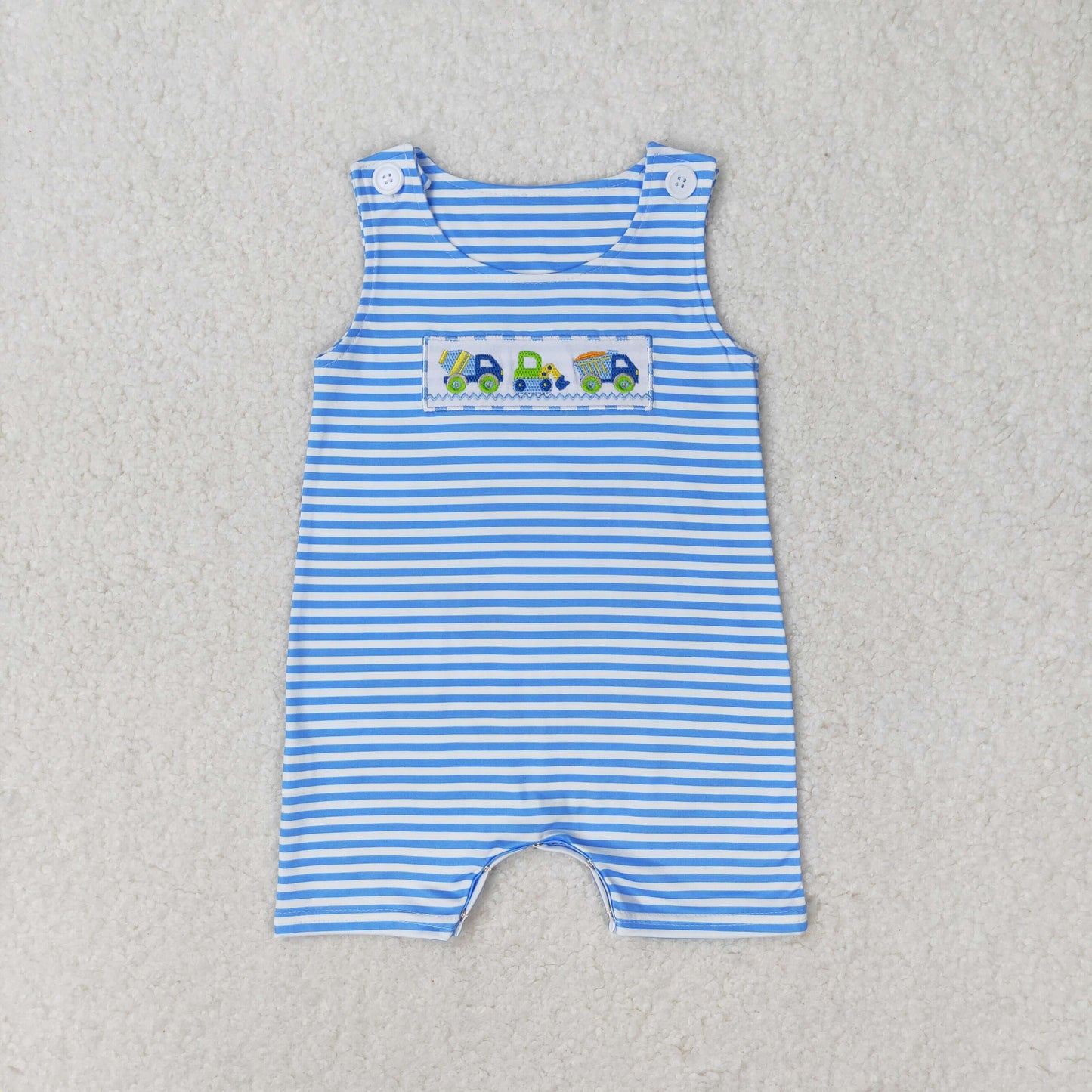 SR1005 Embroidery works car blue and white striped sleeveless romper high quality girls rompers