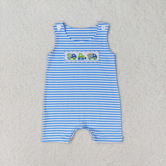 SR1005 Embroidery works car blue and white striped sleeveless romper high quality girls rompers