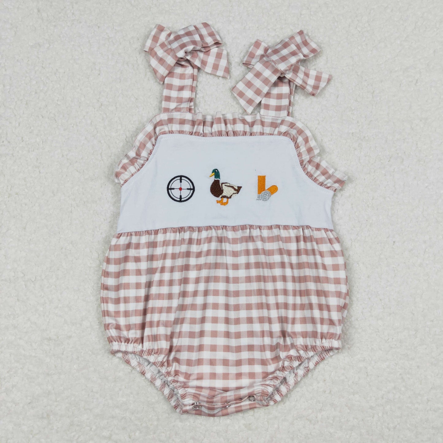 SR1008 Embroidered Duck Hunting Brown Plaid Ruffle Halter Girls Bubble Romper RTS 202508