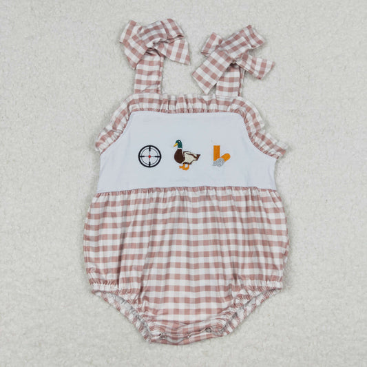 SR1008 Embroidered Duck Hunting Brown Plaid Ruffle Halter Girls Bubble Romper RTS 202508