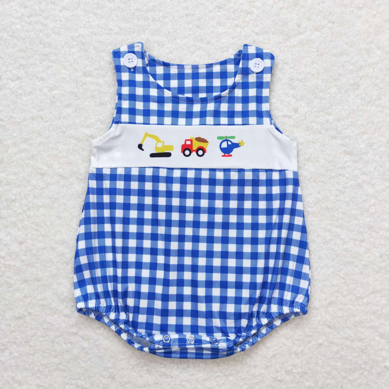 SR1011 Engineering Vehicle Helicopter Blue and White Plaid Sleeveless Boys Bubble Romper RTS 202508