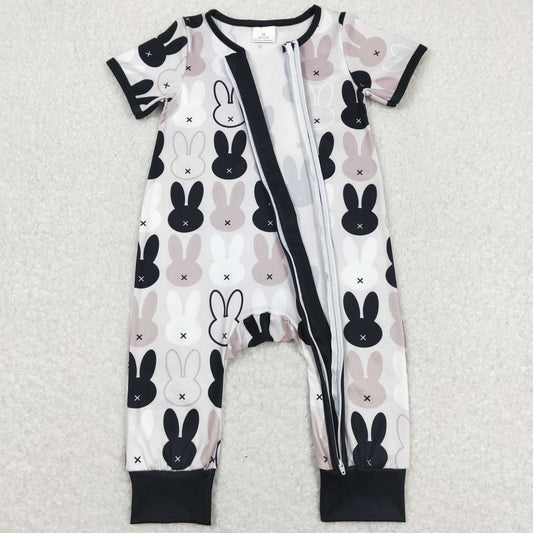 SR1012 Eater Bunny Black White Zippy Short Sleeve Boys Romper RTS 202508