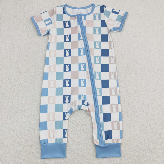 SR1013 Eater Bunny Plaid Blue Zipper Short Sleeve Boys Romper RTS 202508