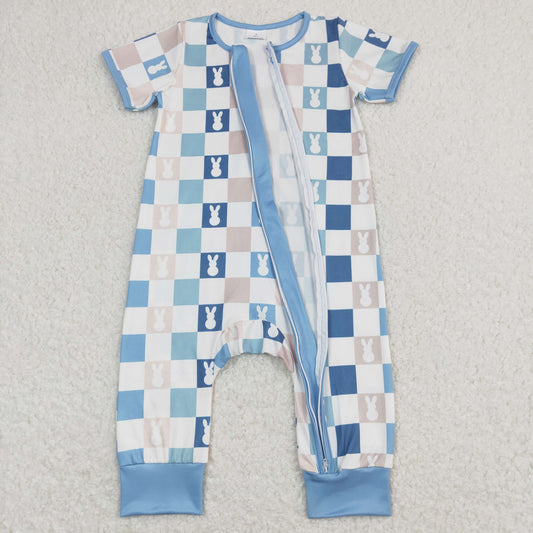SR1013 Eater Bunny Plaid Blue Zipper Short Sleeve Boys Romper RTS 202508