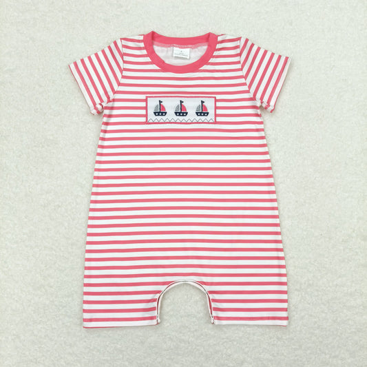 SR1028 Embroidery sailing red and white striped short sleeve romper high quality wholesale baby cartoon rompers