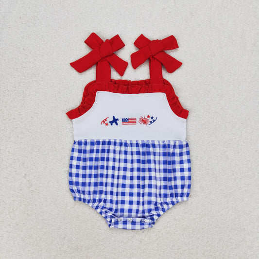 SR1030 Embroidery aircraft flag fireworks Red Lace suspenders romper high quality wholesale baby girl clothes