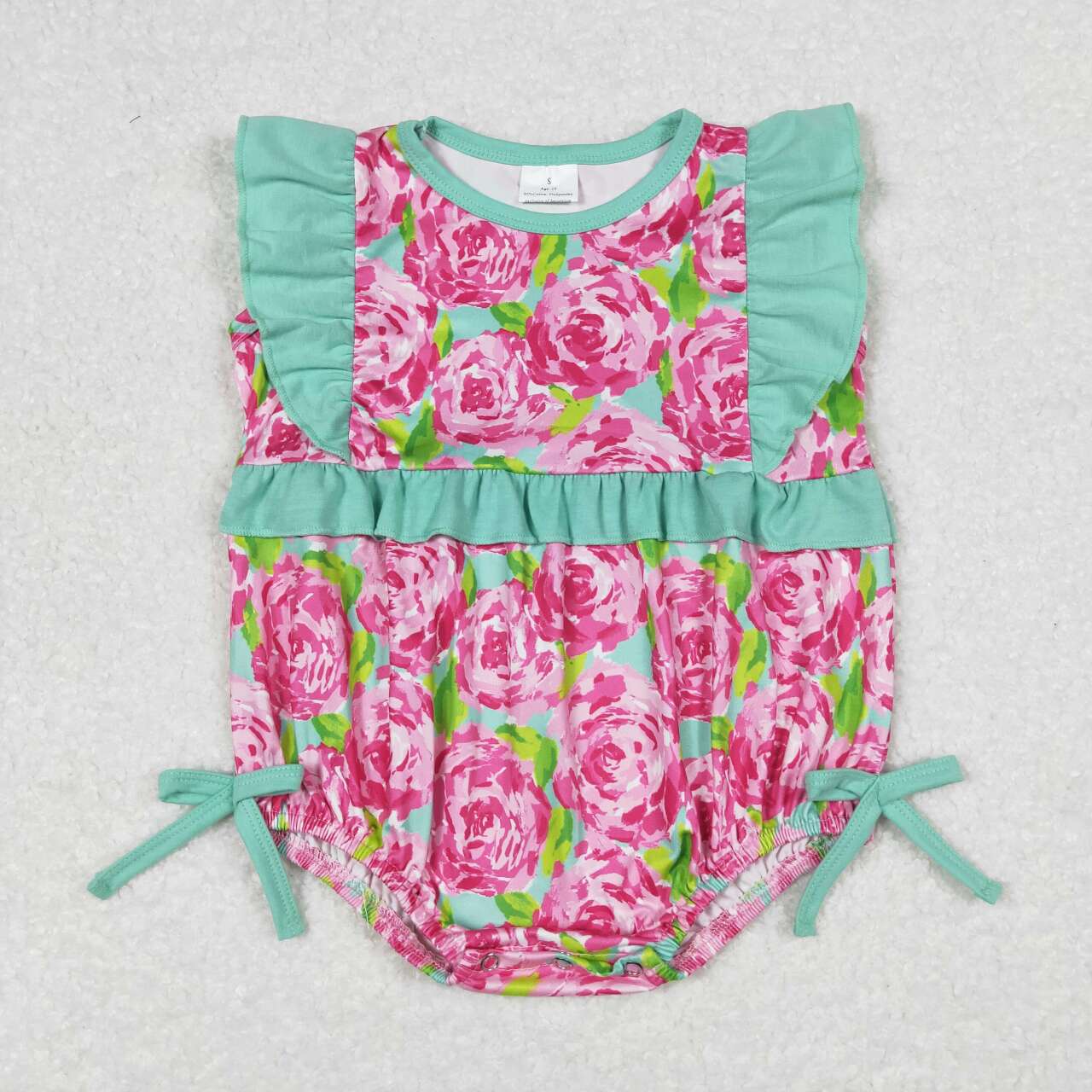 SR1034 Rose Red Flower Turquoise Ruffle Flying Sleeve Girl Bubble Romper RTS 202508