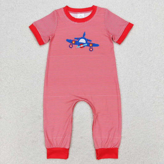 SR1043 Embroidery aircraft Red striped short sleeve romper high quality romper baby costume