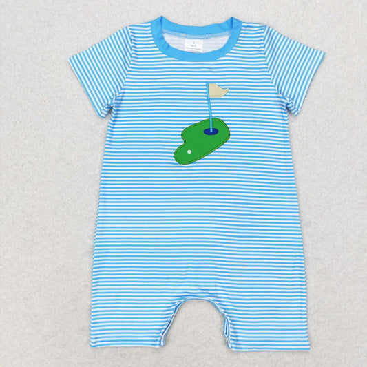 SR1044 Embroidered golf ball stripes Blue short sleeve romper High quality baby boy romper