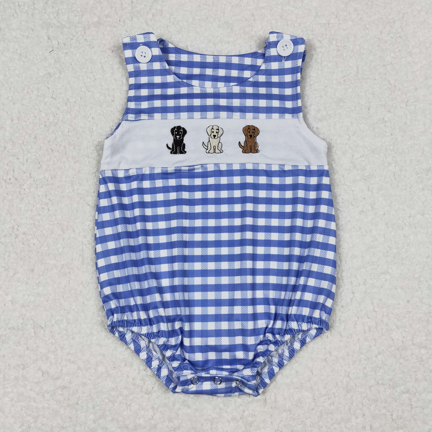 SR1048 Embroidered Puppy Blue Plaid Sleeveless Boys Bubble Romper RTS 202508