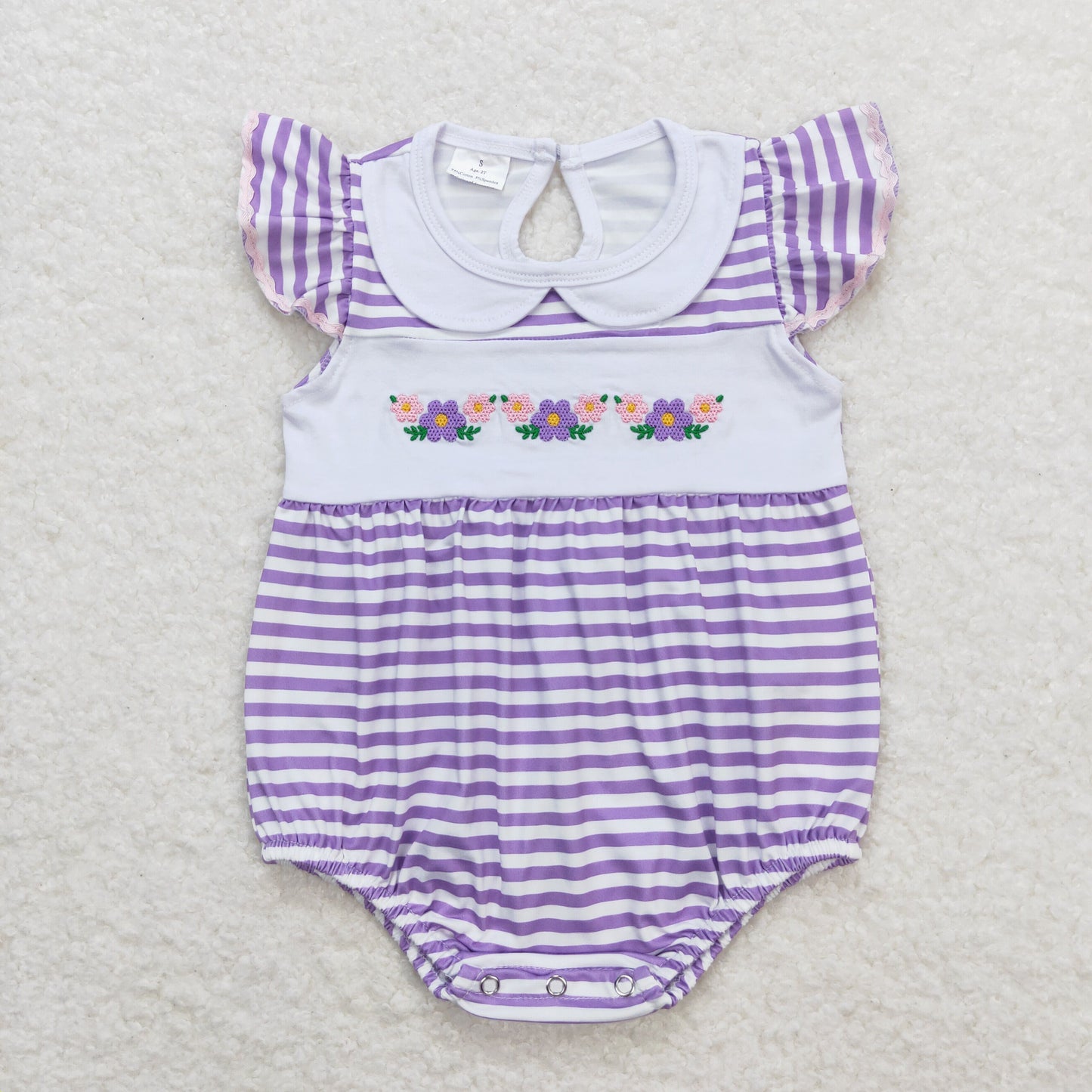 SR1051 Embroidered Flower White Doll Collar Purple Stripe Flying Sleeve Girls Bubble Romper RTS 202509