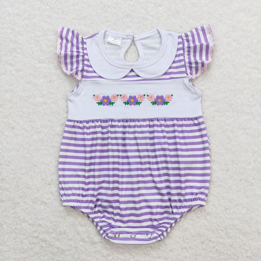 SR1051 Embroidered Flower White Doll Collar Purple Stripe Flying Sleeve Girls Bubble Romper RTS 202509
