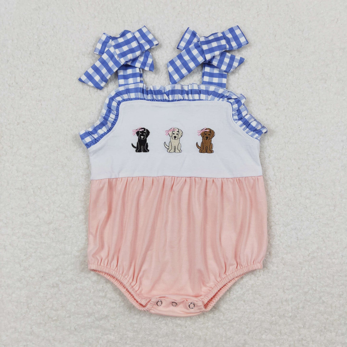 SR1053 Embroidered Puppy Blue Plaid Ruffle Halter Girls Bubble Romper RTS 202508