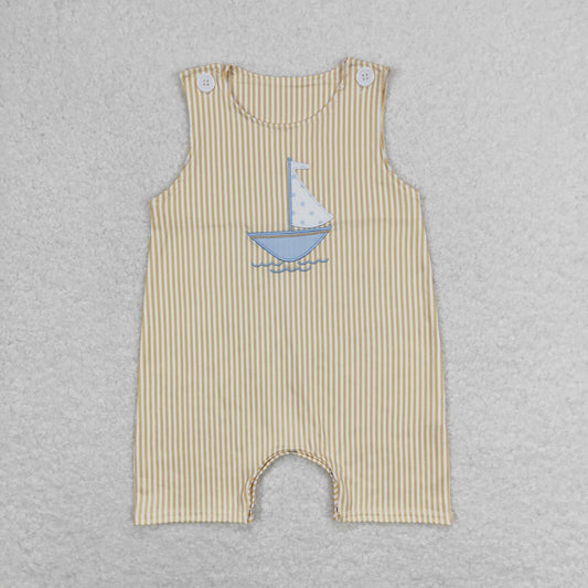 SR1062 Embroidered sailboat yellow striped vest romper high quality girls romper sleeveless