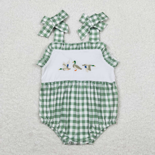 SR1065 Embroidered Duck Hunting Green Plaid Ruffle Halter Girls Bubble Romper RTS 202508