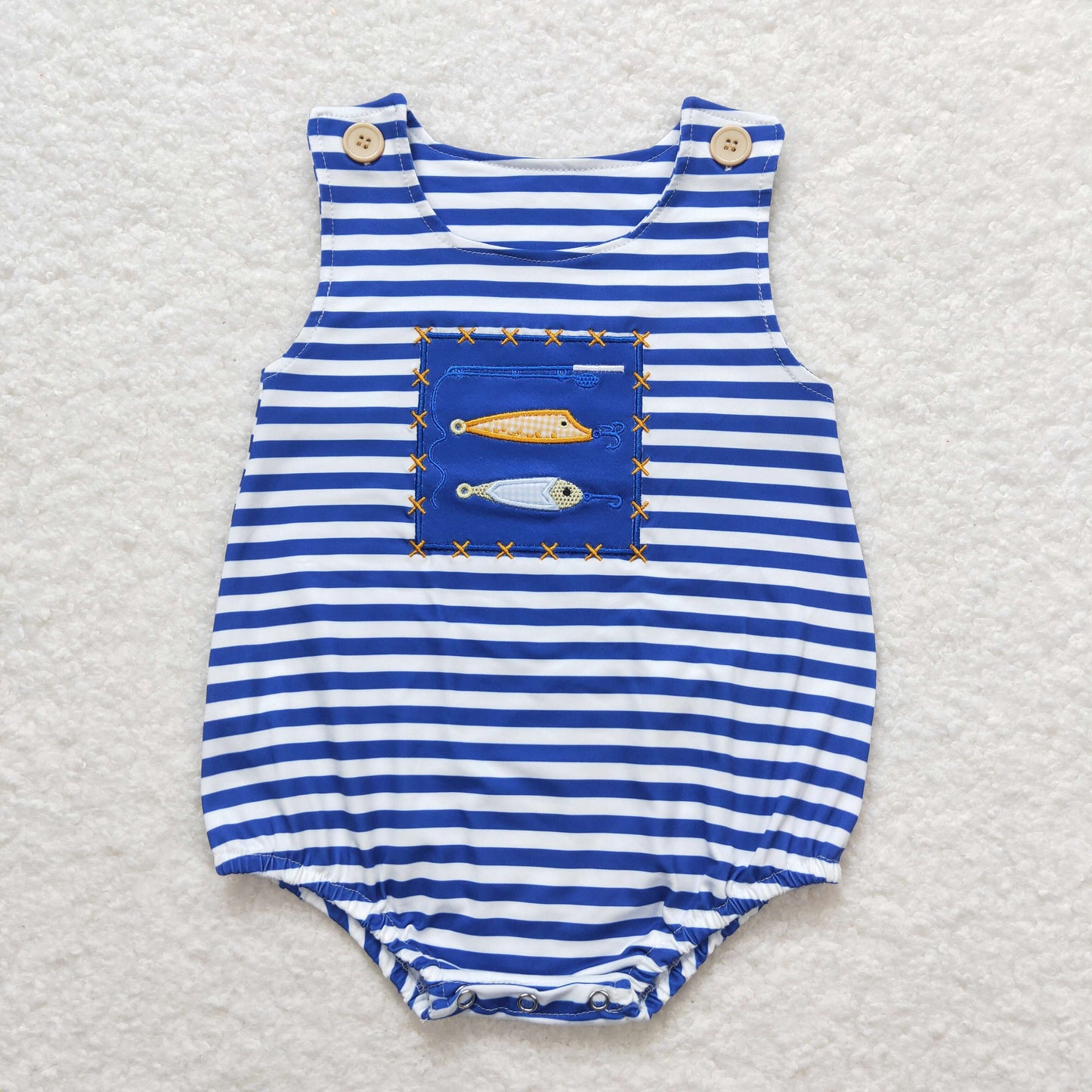 SR1074 Embroidered Fish Pattern Blue Stripe Sleeveless Boy Bubble Romper 202507 RTS