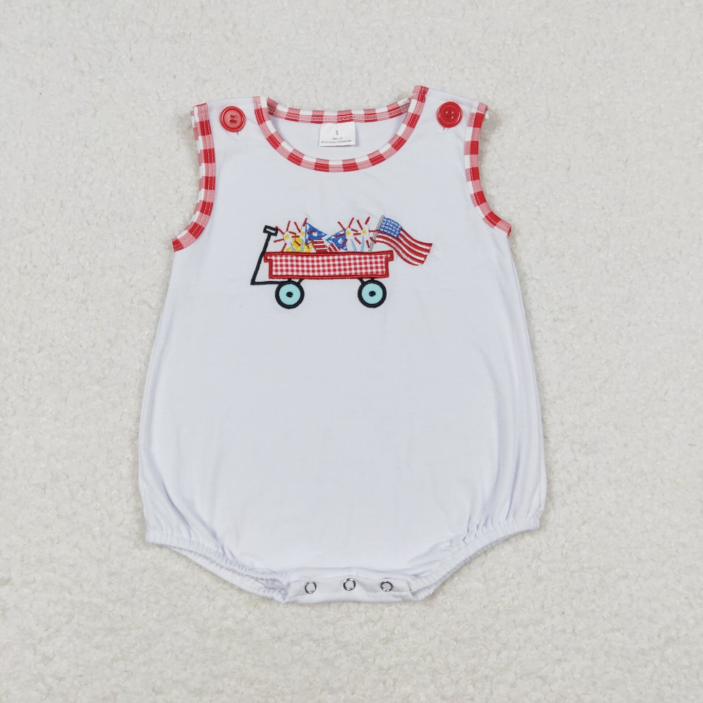 SR1078 Embroidered fireworks flag cart white vest jumpsuit baby rompers wholesale
