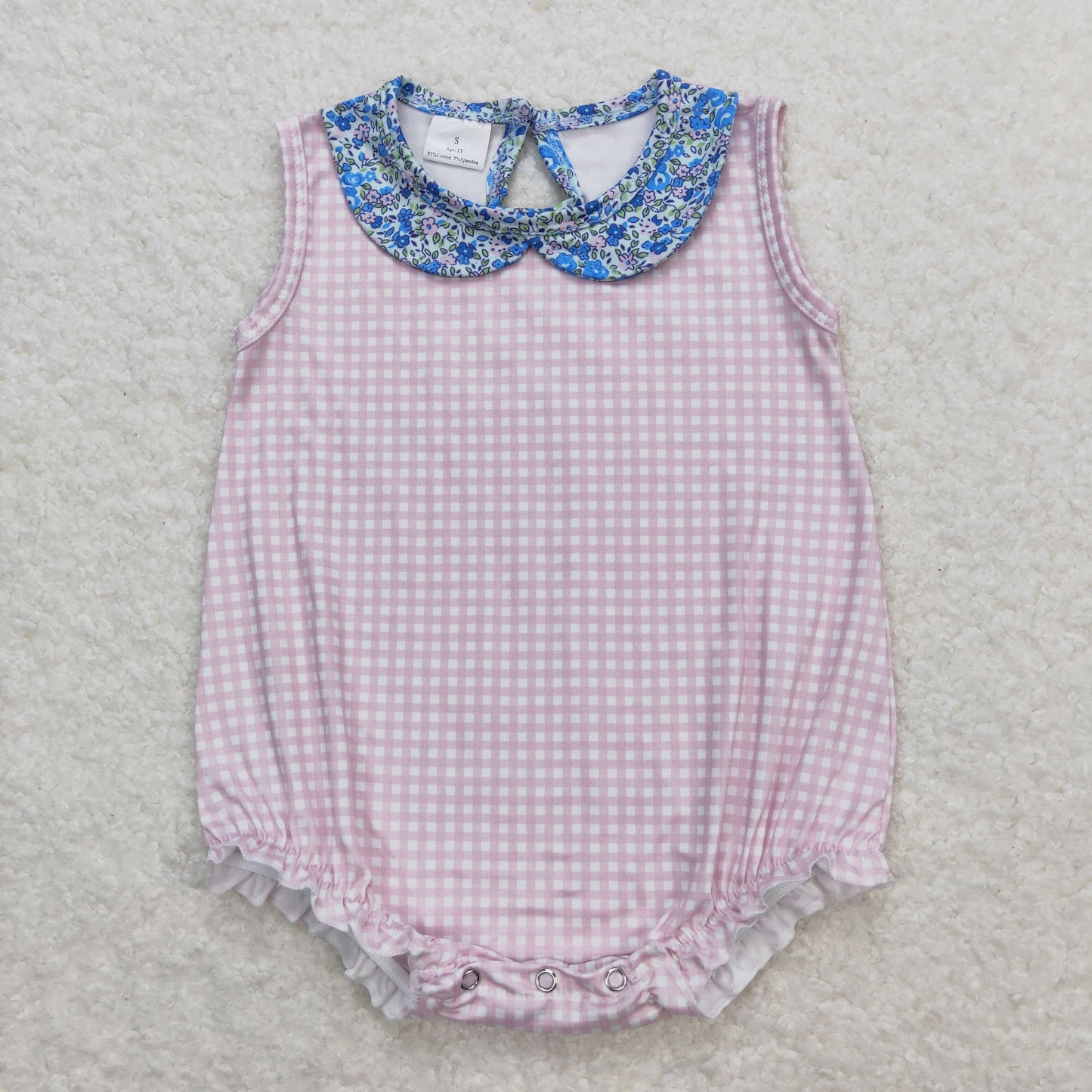 SR1087 Floral Doll Collar Pink Plaid Sleeveless Girls Bubble Romper RTS 202509