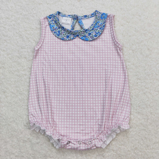 SR1087 Floral Doll Collar Pink Plaid Sleeveless Girls Bubble Romper RTS 202509