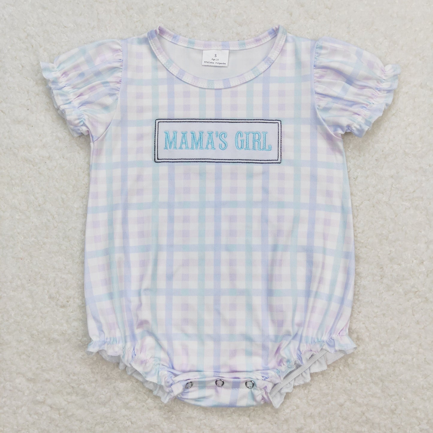 SR1091 Embroidered Mama's girl Blue Green Plaid Short Sleeve Girls Bubble Romper RTS 202509