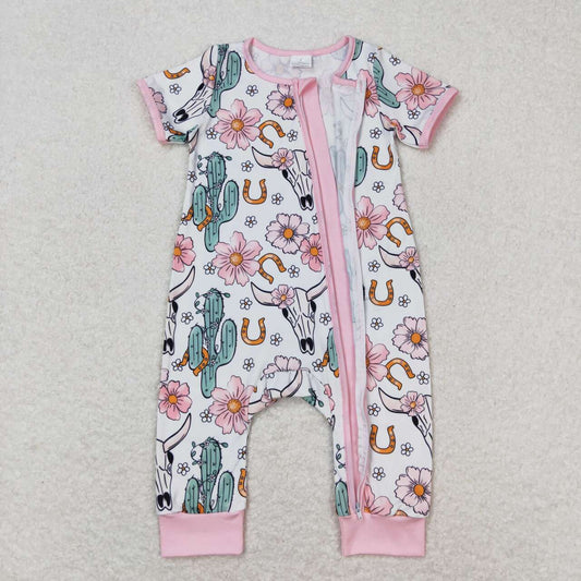 SR1109 Cactus Flower Pink Short Sleeve Zip Romper Baby Girl Boutique Outfits 202404 RTS