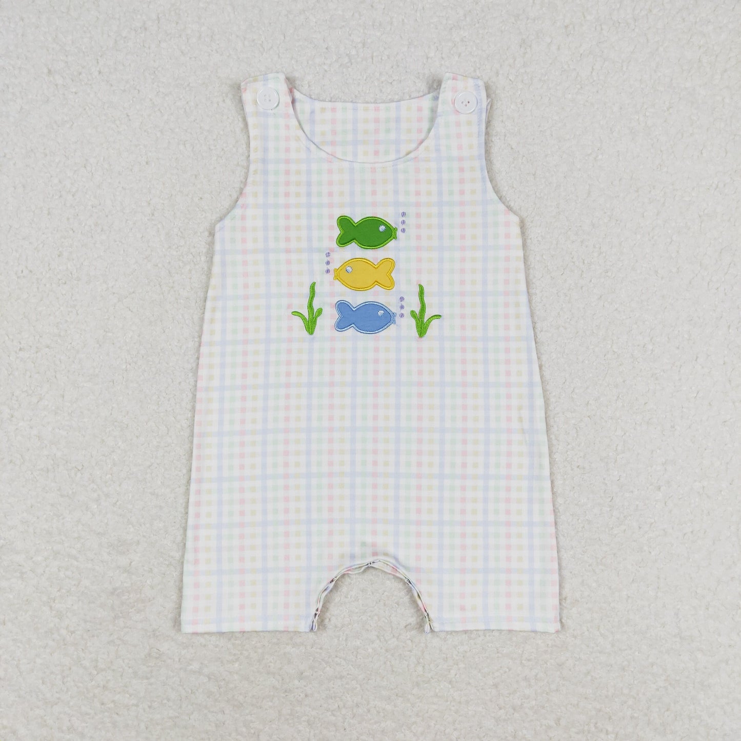 SR1121 Embroidery small fish color check sleeveless romper high quality baby romper suit