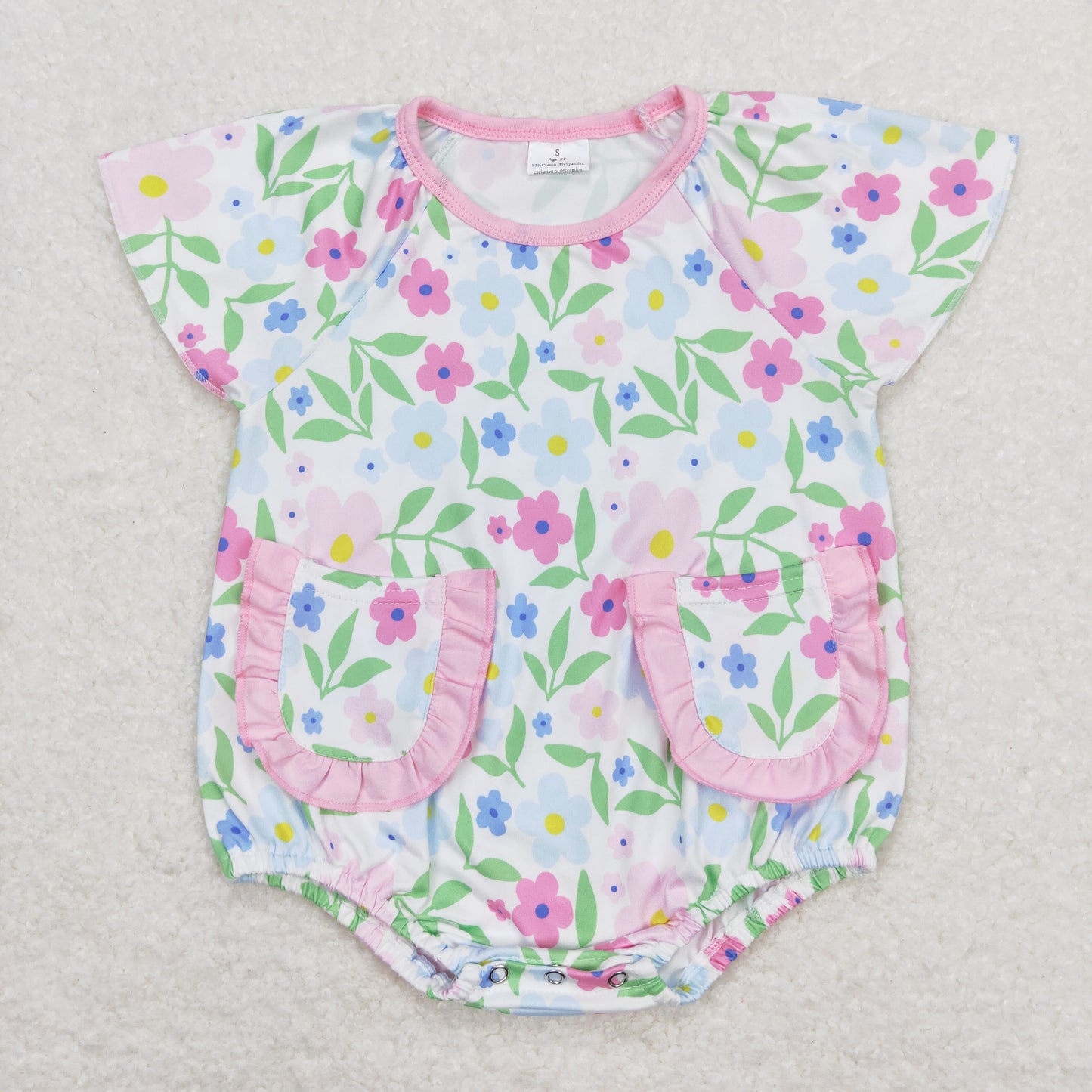 SR1129 baby girl boutique flower pink green ruffle pocket short sleeve romper 20240411 RTS