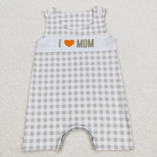 SR1132 Embroidered I Love Mom Grey Plaid Sleeveless Romper Boy Boutique Outfits 20240410 RTS