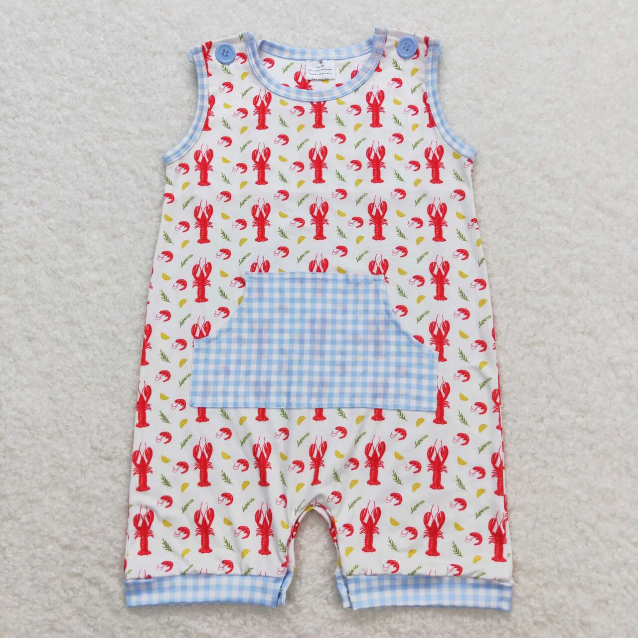 SR1137 Crayfish Corn Blue Plaid Pocket Sleeveless Boys Romper RTS 202509