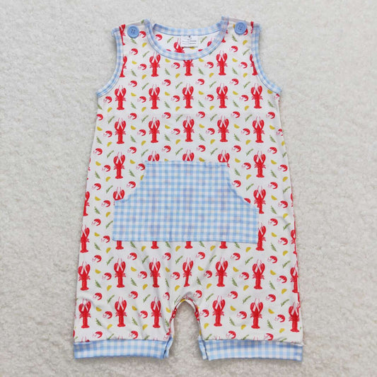SR1137 Crayfish Corn Blue Plaid Pocket Sleeveless Boys Romper RTS 202509