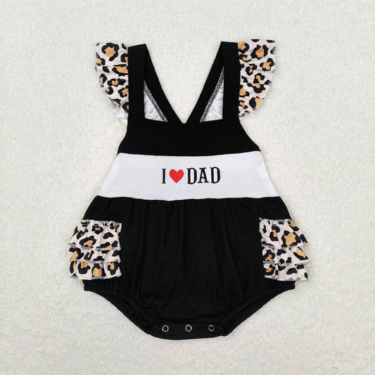 SR1147 l love dad embroidered lettering leopard lace Black vest romper High quality wholesale jumpsuits for baby girl
