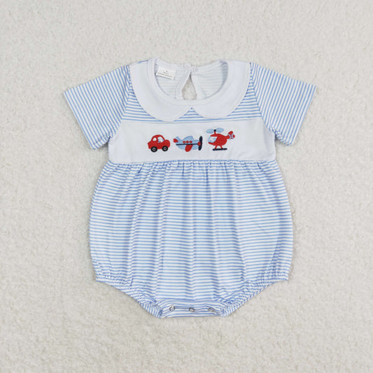 SR1152 Embroidery Car Airplane Helicopter Blue striped doll collar short sleeve romper high quality baby sweater romper