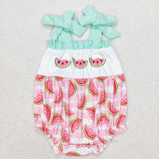 SR1157 Watermelon pink striped turquoise lace bow romper High quality baby cotton romper