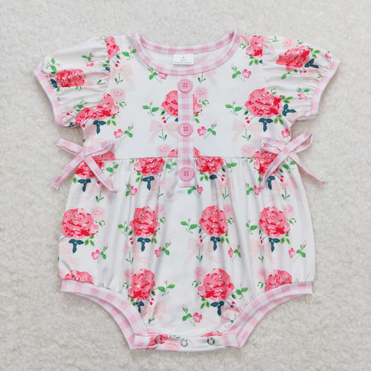 SR1160 flower pink plaid short sleeve rompers baby girl bubble romper 20240411 RTS