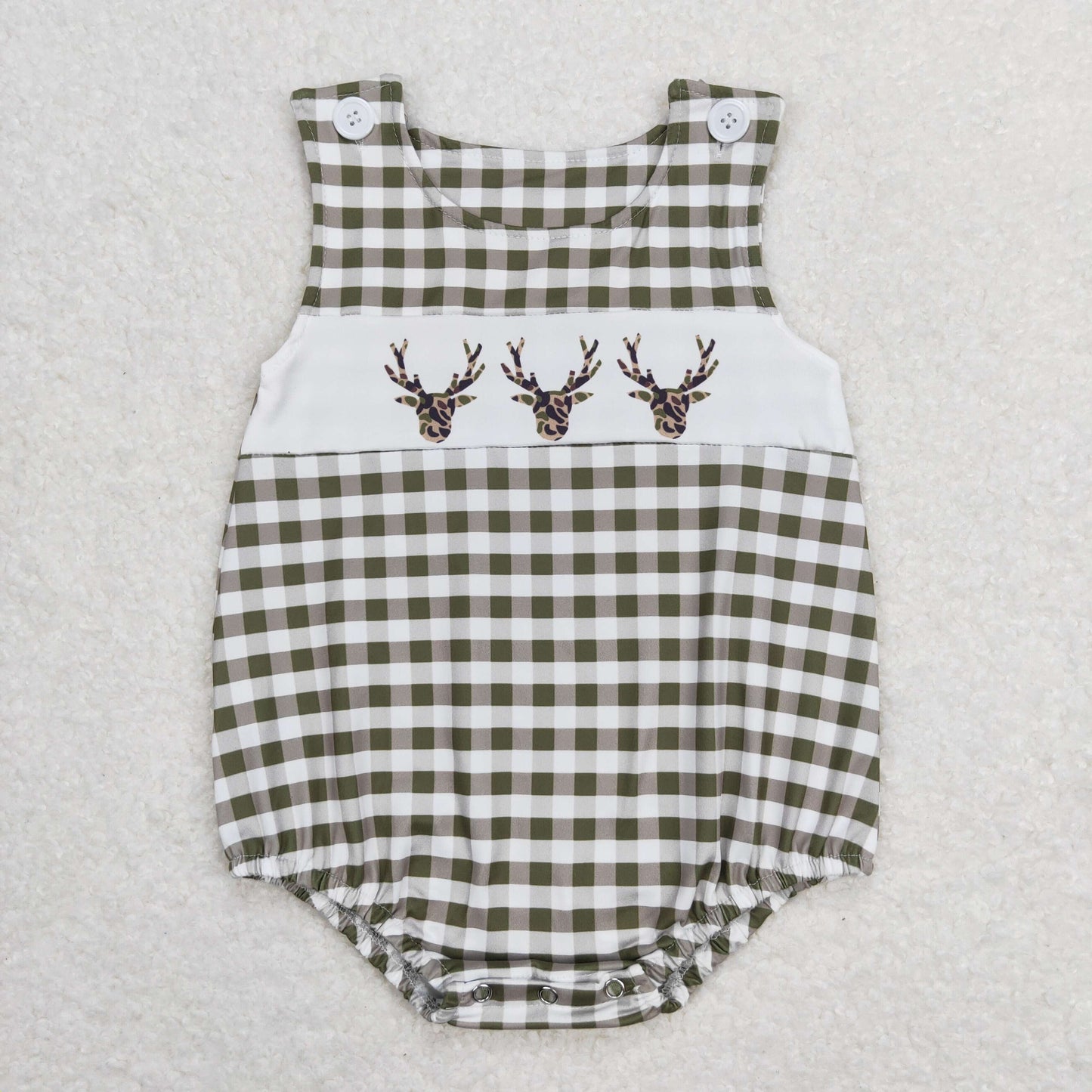 SR1167 Deer Hunting Army Green Plaid Sleeveless Boys Bubble Romper RTS 202508
