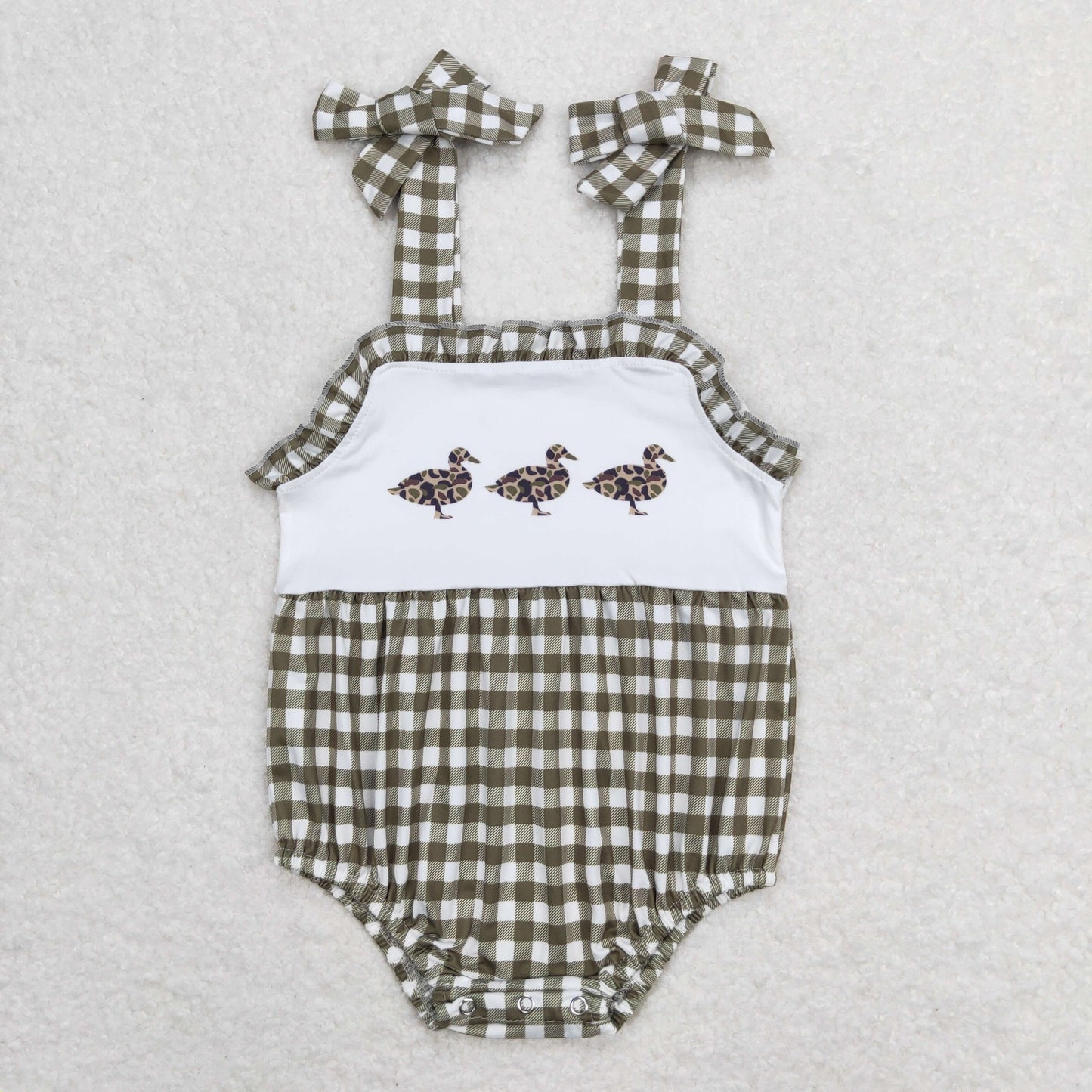 SR1168 Deer Hunting Army Green Plaid Ruffle Halter Girls Bubble Romper RTS 202508