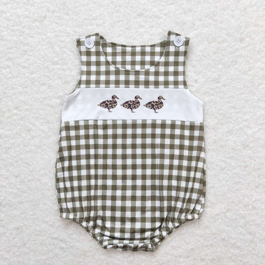 SR1169 Three Ducks Army Green Plaid Sleeveless Romper Baby Boy Boutique Outfits 202404 RTS