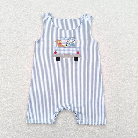 SR1170 Embroidered fishing puppy truck Blue striped sleeveless baby lace romper
