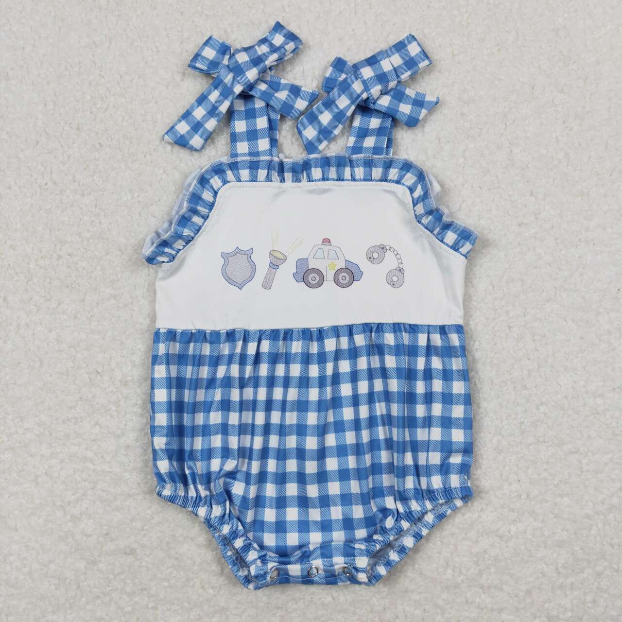 SR1171 Police Car Blue Plaid Sleeveless Girls Bubble Romper RTS 202508