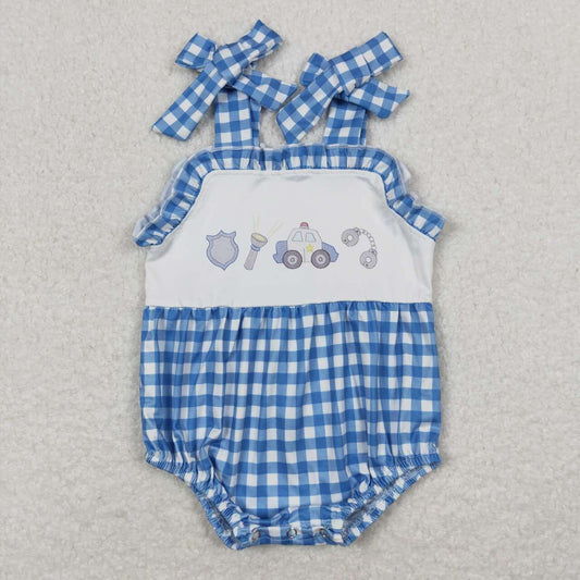 SR1171 Police Car Blue Plaid Sleeveless Girls Bubble Romper RTS 202508