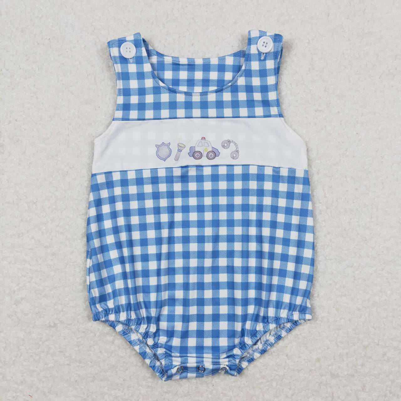 SR1172 Police Car Blue Plaid Sleeveless Boys Romper 20240402 RTS