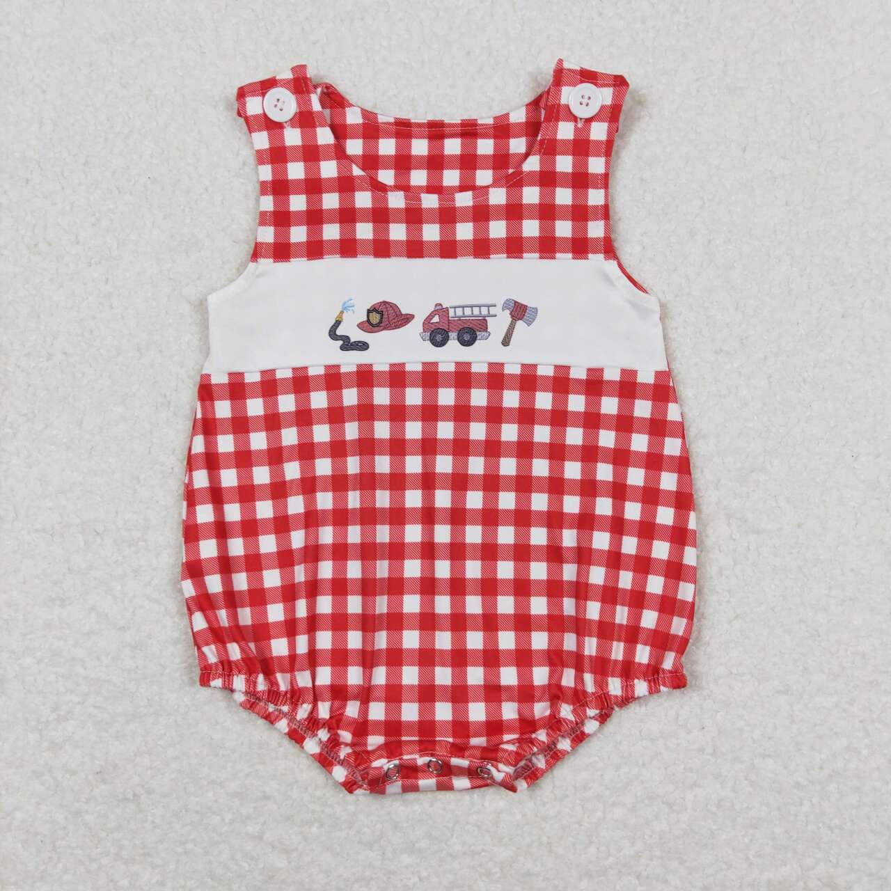 SR1174 Fire Truck Red White Plaid Sleeveless Romper Boys Boutique Outfits 202404 RTS
