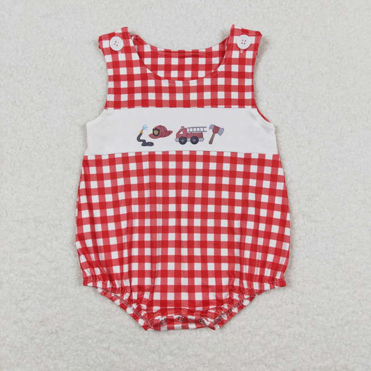 SR1174 Fire Truck Red White Plaid Sleeveless Romper Boys Boutique Outfits 202404 RTS