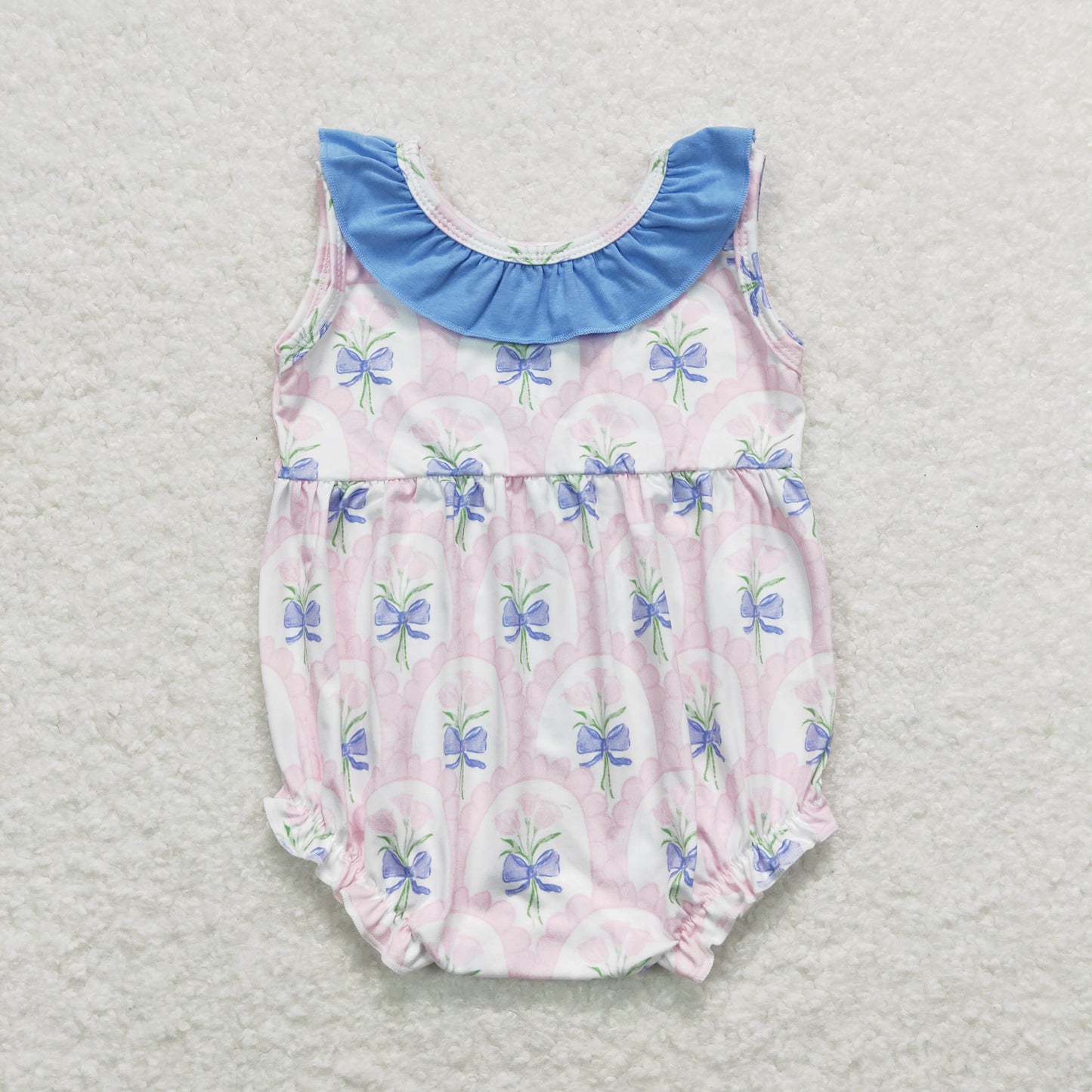 SR1181 bow flower pink blue ruffle sleeveless rompers baby girl bubble romper 20240408 RTS