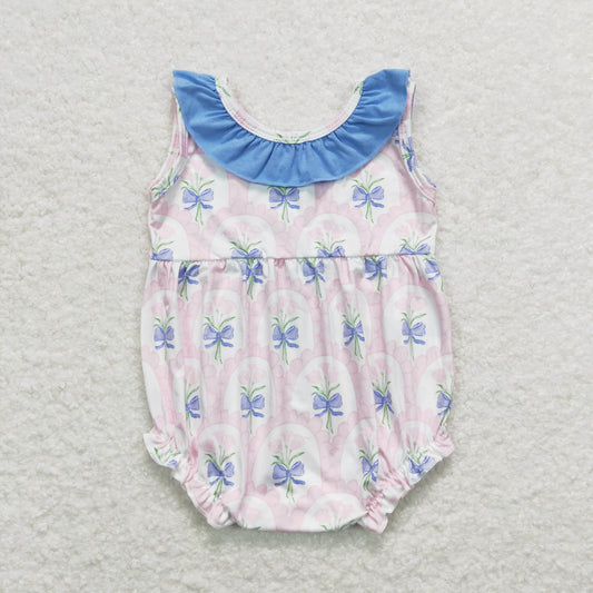 SR1181 bow flower pink blue ruffle sleeveless rompers baby girl bubble romper 20240408 RTS