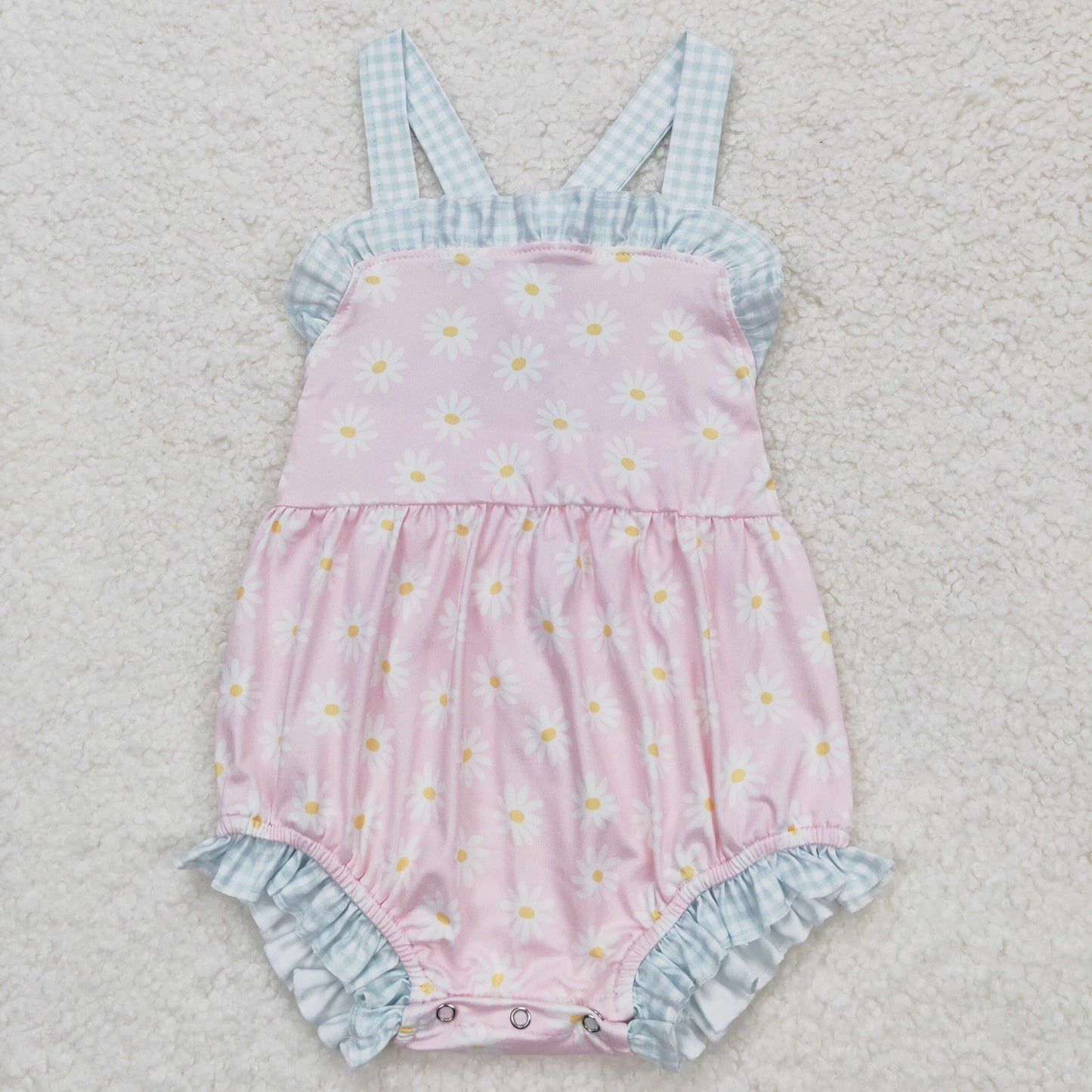 SR1182 Flower Blue Plaid Ruffle Sleeveless Girls Bubble Romper RTS 202508