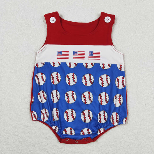 SR1194 4th of July Baseball Flag Blue Sleeveless Romper Baby Boys Boutique Outfits 202404 RTS