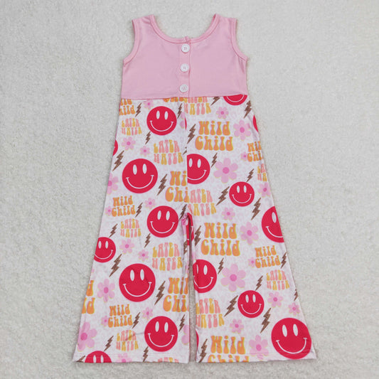 SR1195 Wild Child Lightning Smile Face Pink Sleeveless Overall Jumpsuits Girls Boutique Outfits 202504 RTS