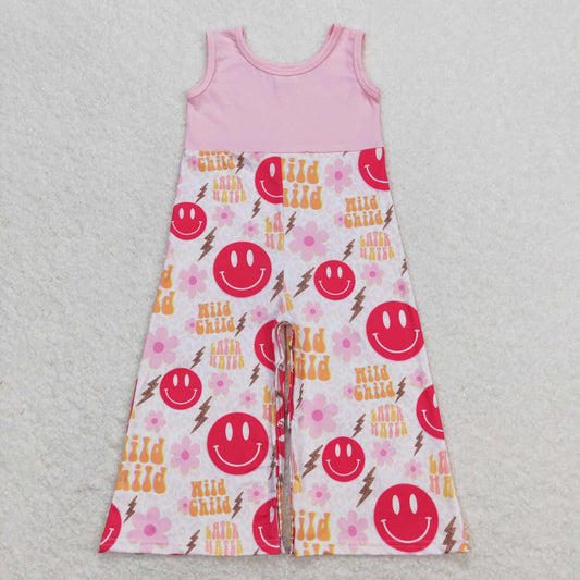 SR1195 Wild Child Lightning Smile Face Pink Sleeveless Overall Jumpsuits Girls Boutique Outfits 202504 RTS