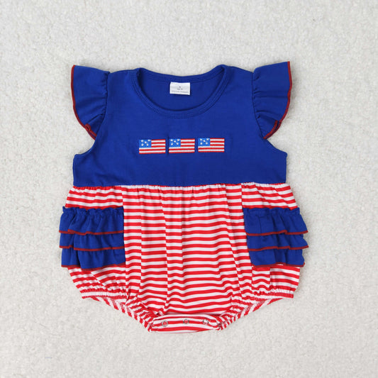 SR1211 Embroidered flag red and white stripes navy blue lace vest romper high quality rompers for baby girl
